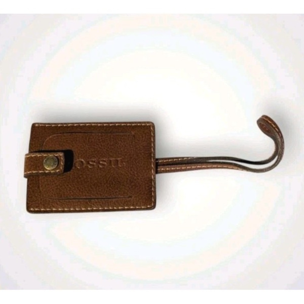 Fossil Leather Luggage Tag Brown Pebbled Bag ID Travel Classic Accessory